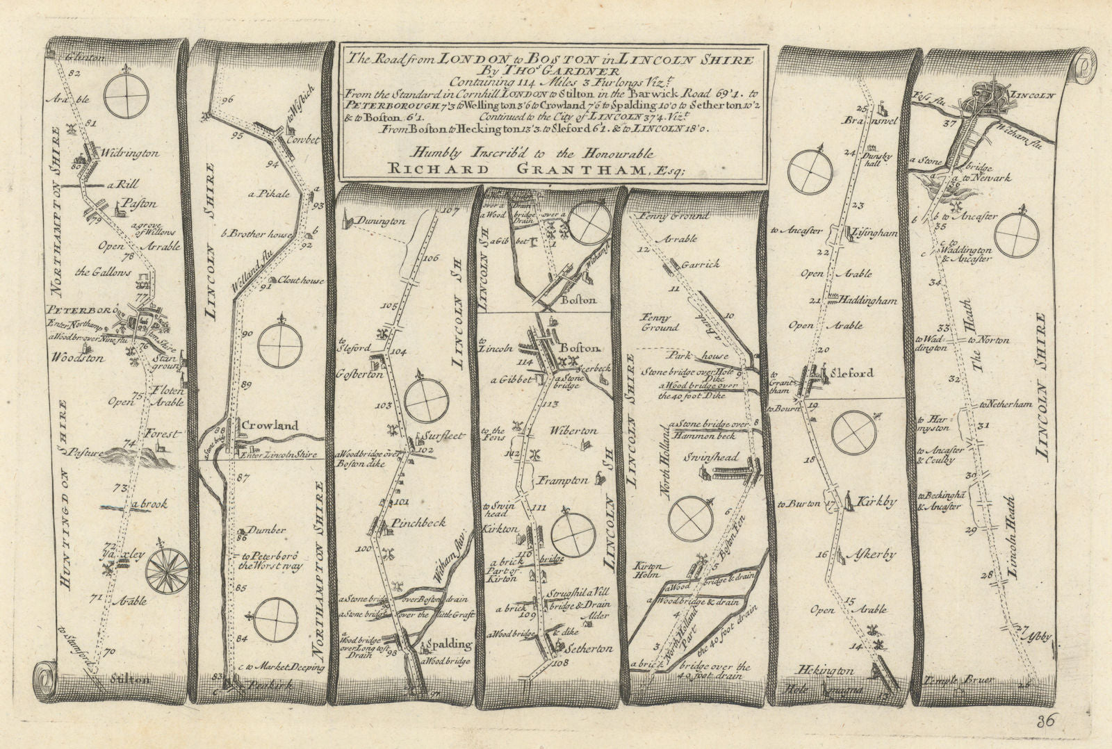 Stilton - Peterborough - Boston - Sleaford-Lincoln GARDNER road map #36 1719